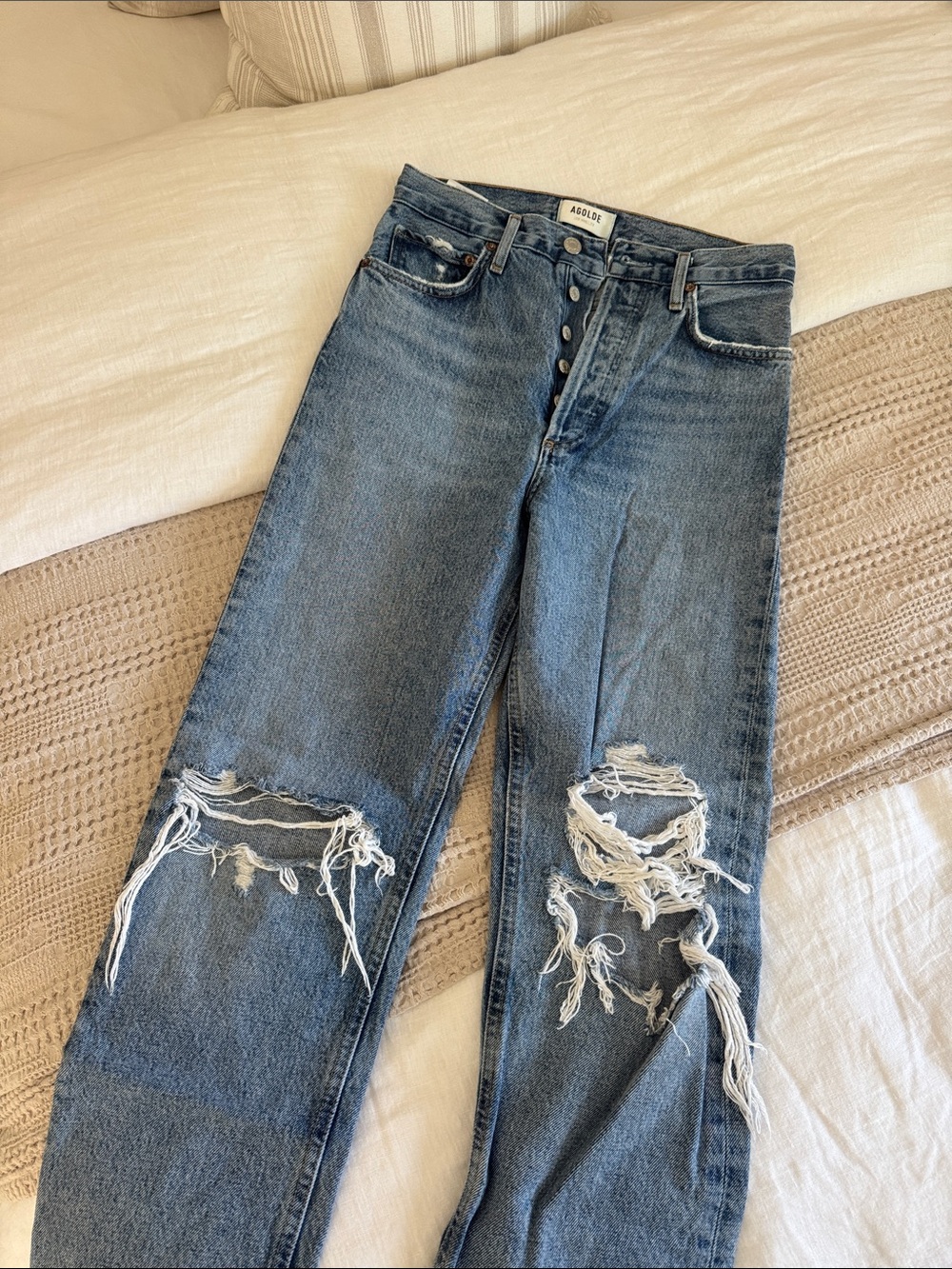 Agolde Medium Blue Distressed Straight Leg Jeans